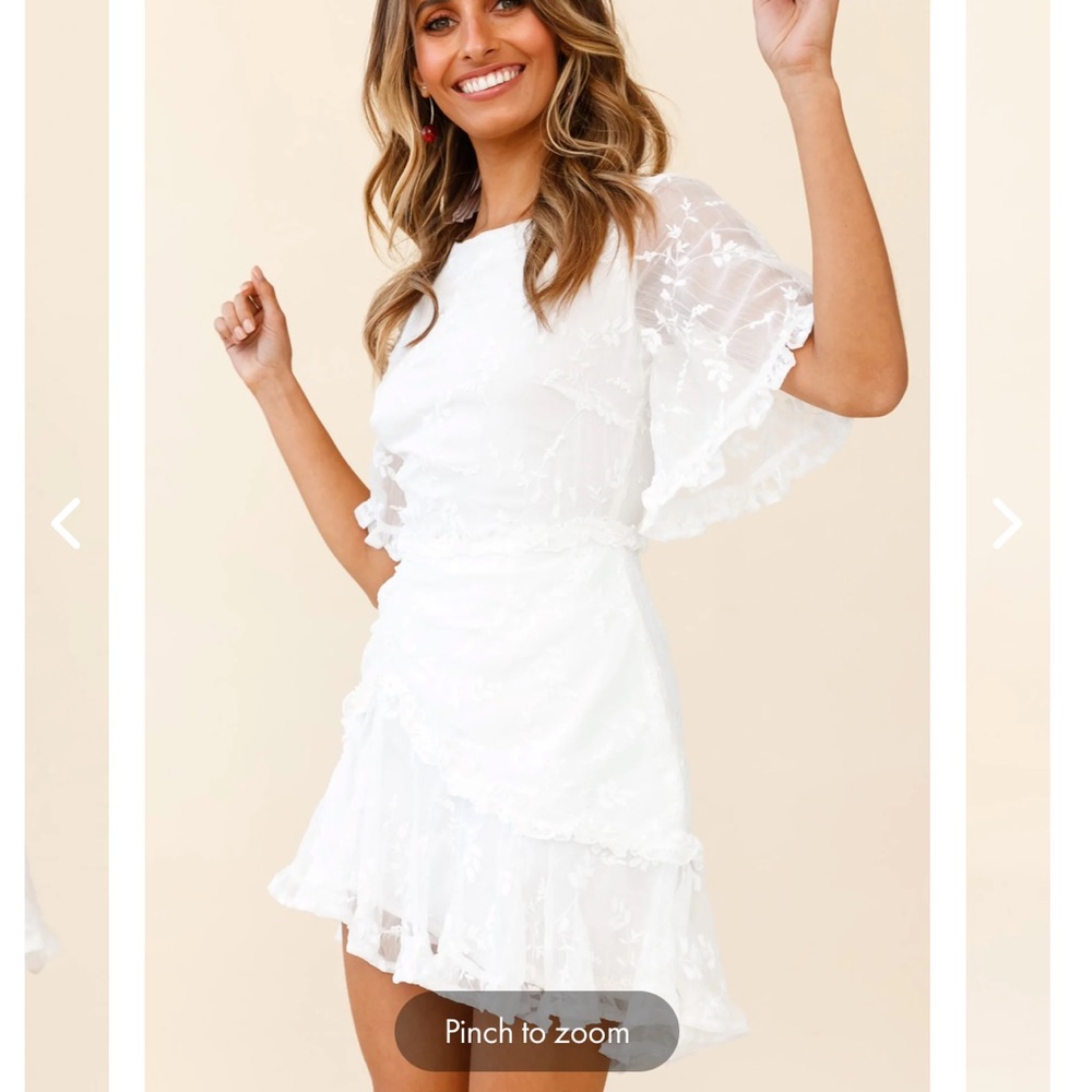 LEONA HALF SLEEVE FRILL TRIM DRESS LEAF EMBROIDERED WHITE